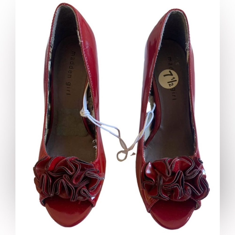 Madden Girl Red Shiny Patent Leather Floral Rose Peep-Toe Heels - Picture 4 of 8
